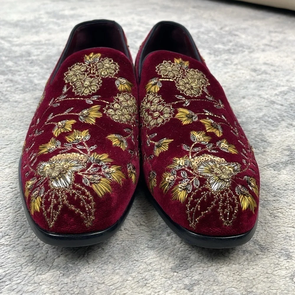 New Dolce & Gabbana Floral Embroidered Sequin Velvet Loafers Red Gold Luxury 7
